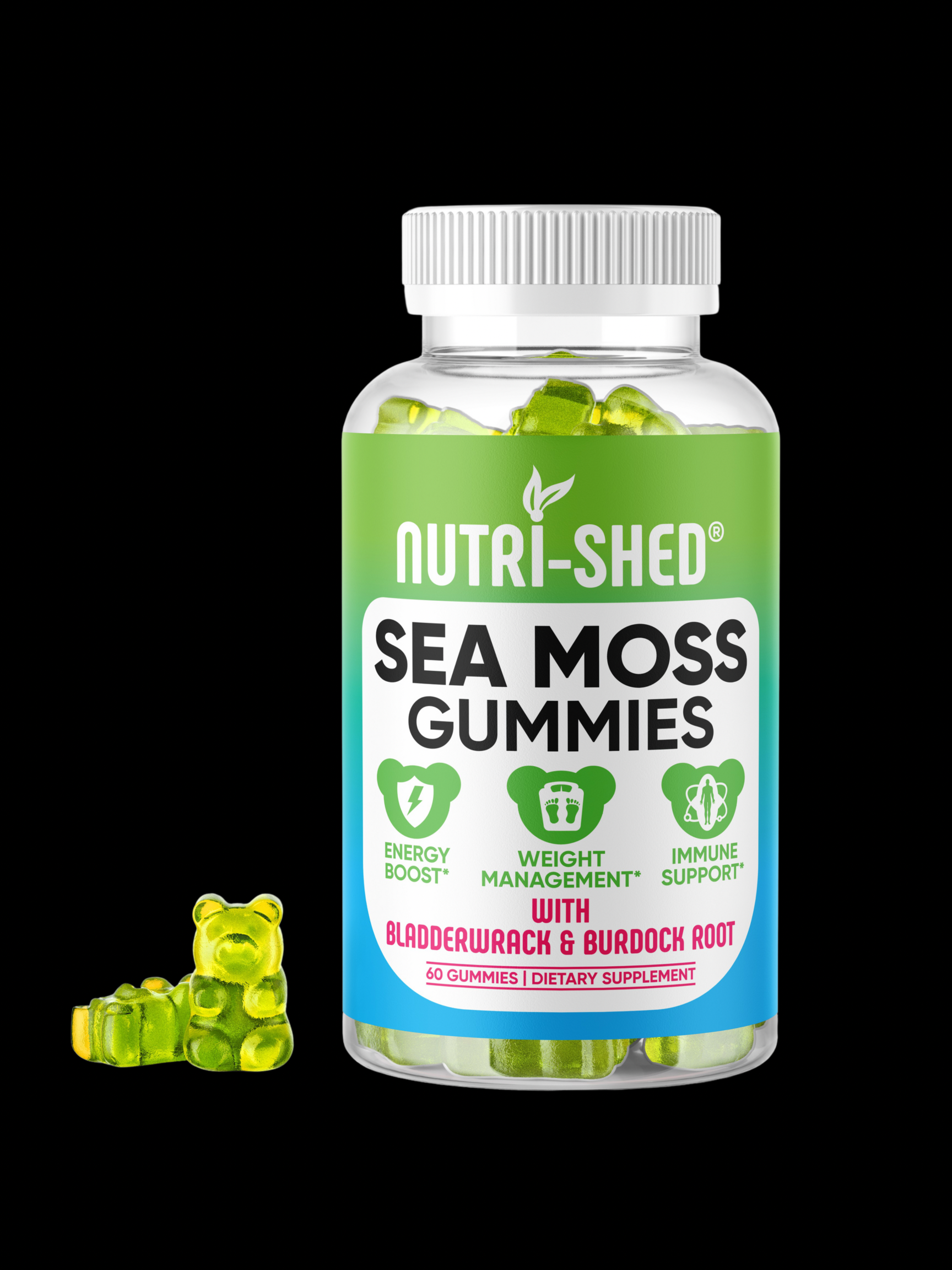 Nutri-Shed Sea Moss Gummy With Bladderwrack & Burdock Root (Vegan) - Green Apple Flavor - Nutri Shed Supplement Lab 